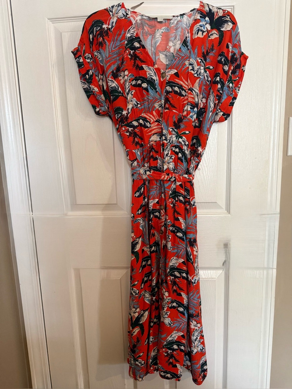 LOFT Bright Orange Tropical Midi Dress with Green and White Floral Dress Accents